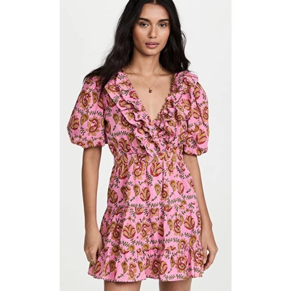 RAHI Women's Amber Dress XS Pink Batik Paisley V-neck Puff Sleeve Boho Ruffle - Picture 1 of 9